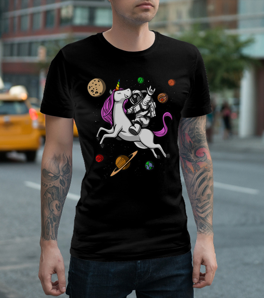 Space Astronaut Riding Unicorn With Cosmic Planets T-Shirt
