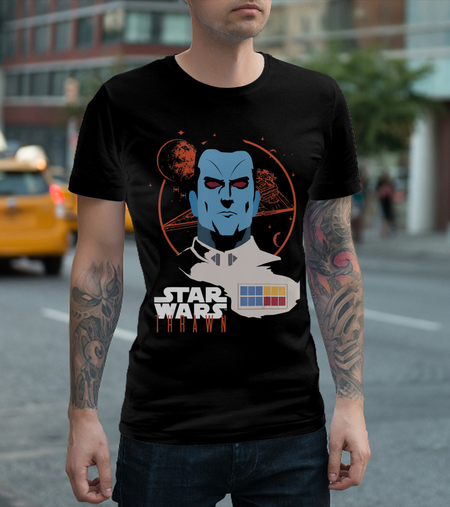 Star Wars Thrawn Head Shot E5 Grand Admiral Blue Face Red Eyes Star Destroyer and Planet Background T-Shirt