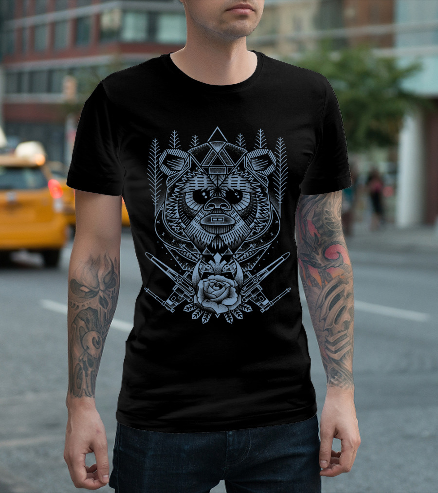 Geometric Angular Ewok with Crossed Starfighters and Rose T-Shirt