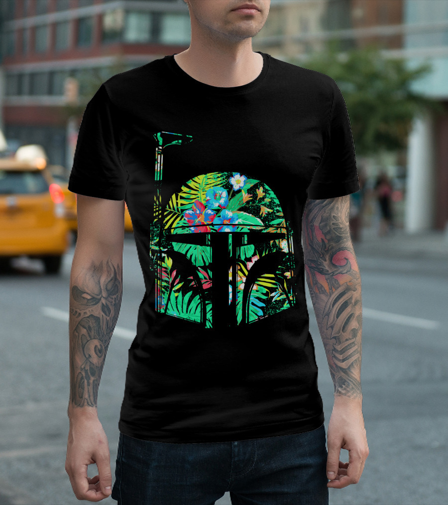 Star Wars Boba Fett Helmet Tropical Floral Hawaiian Print T-Shirt