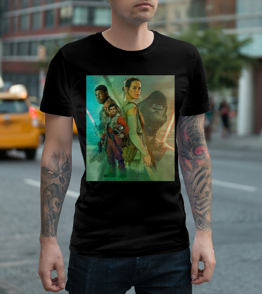 Star Wars The Force Awakens Celebration Mural with Characters and Lightsabers T-Shirt