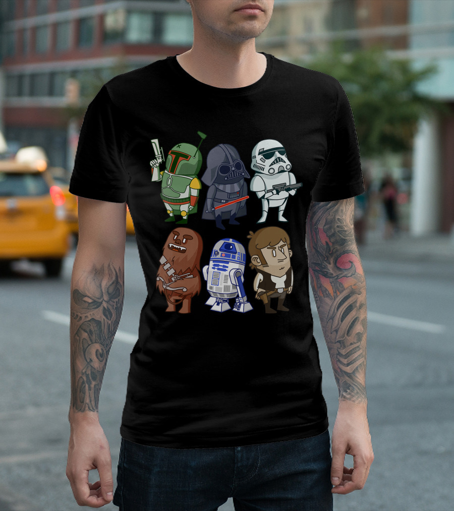 Star Wars Character Doodles Boba Fett Darth Vader Stormtrooper Chewbacca R2-D2 Han Solo T-Shirt