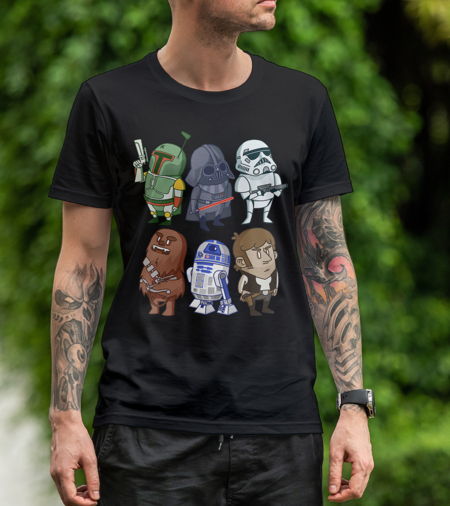 Star Wars Character Doodles Boba Fett Darth Vader Stormtrooper Chewbacca R2-D2 Han Solo T-Shirt