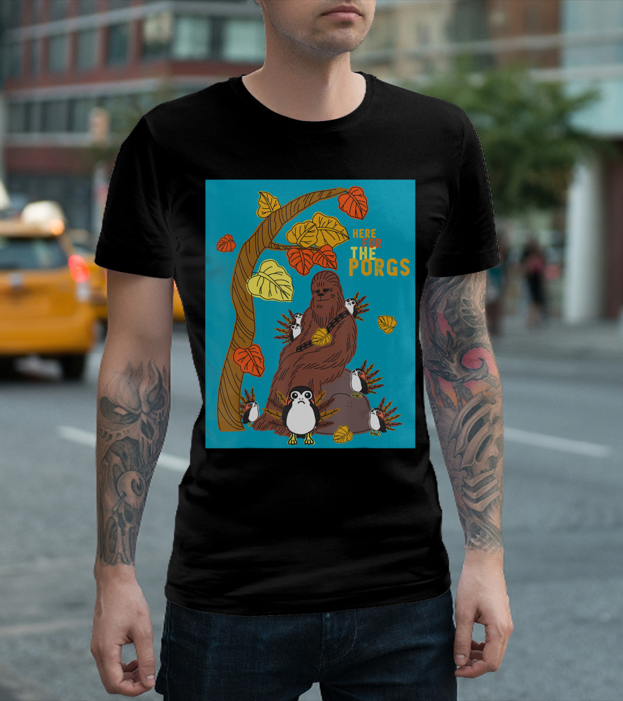 Star Wars Chewbacca With Porgs Under Autumn Tree Here For The Porgs T-Shirt