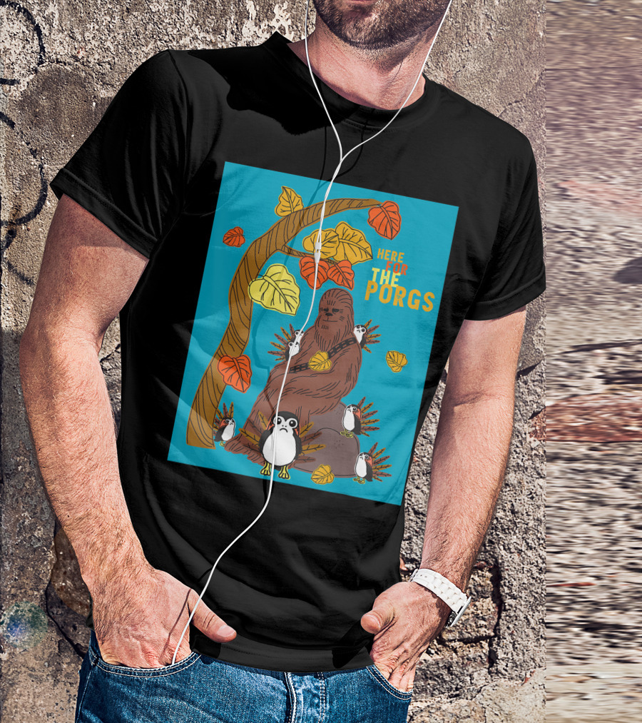 Star Wars Chewbacca With Porgs Under Autumn Tree Here For The Porgs T-Shirt