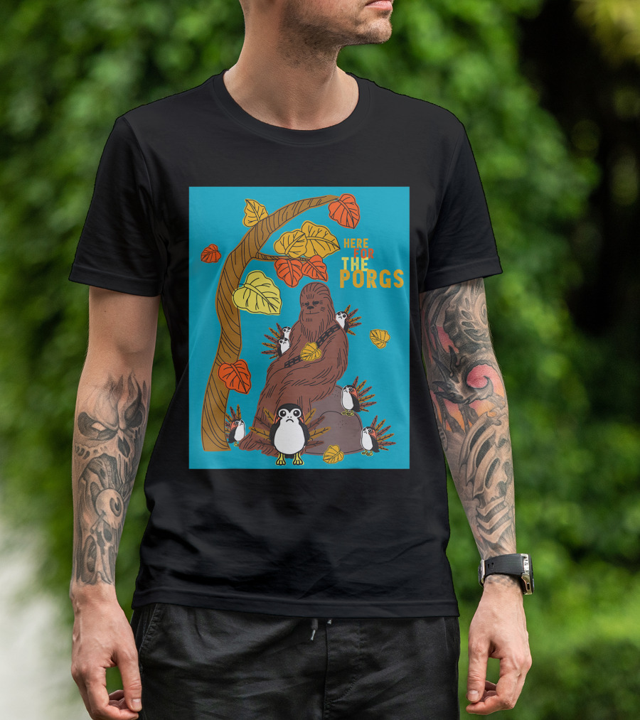 Star Wars Chewbacca With Porgs Under Autumn Tree Here For The Porgs T-Shirt