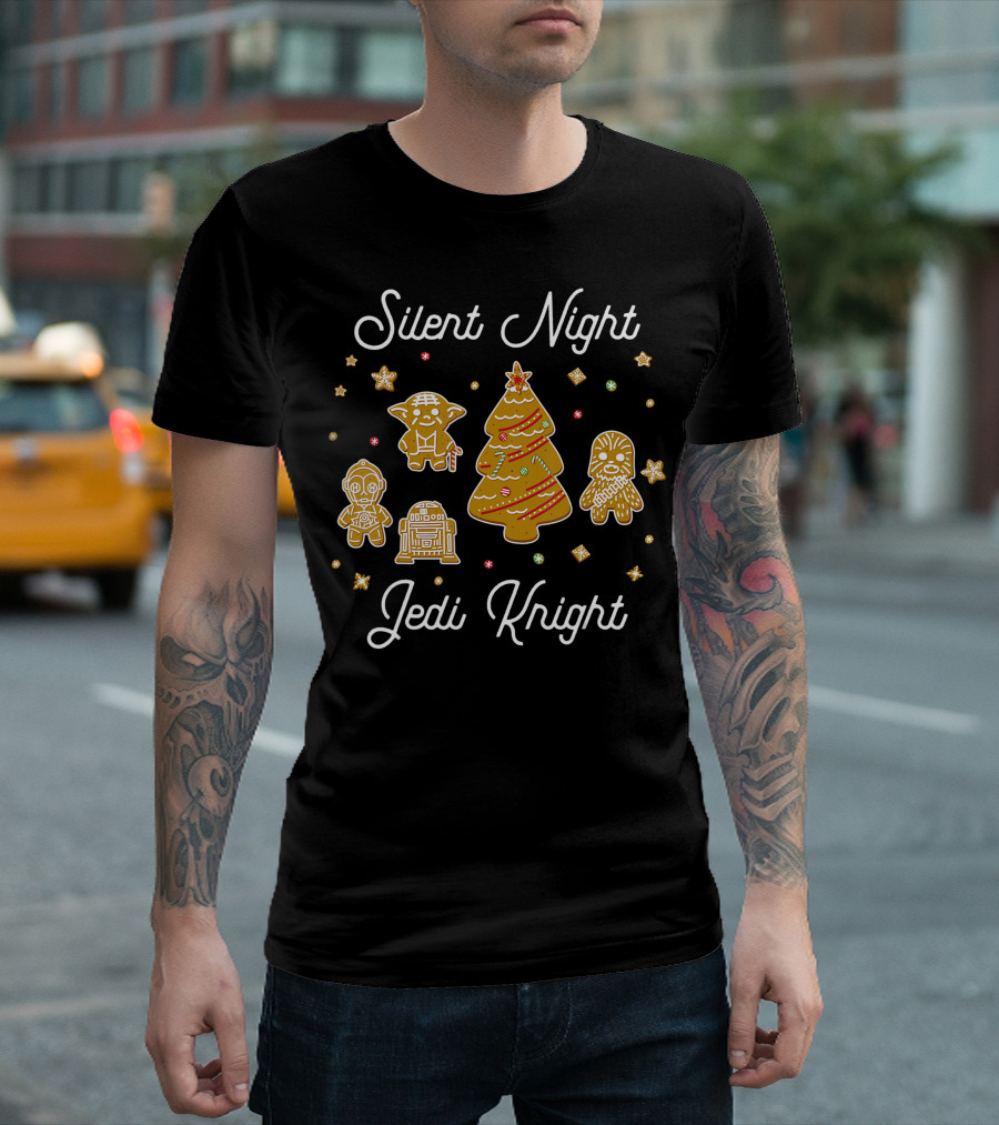 Silent Night Jedi Knight Star Wars Christmas Gingerbread Yoda Chewbacca C-3PO R2-D2 Tree T-Shirt