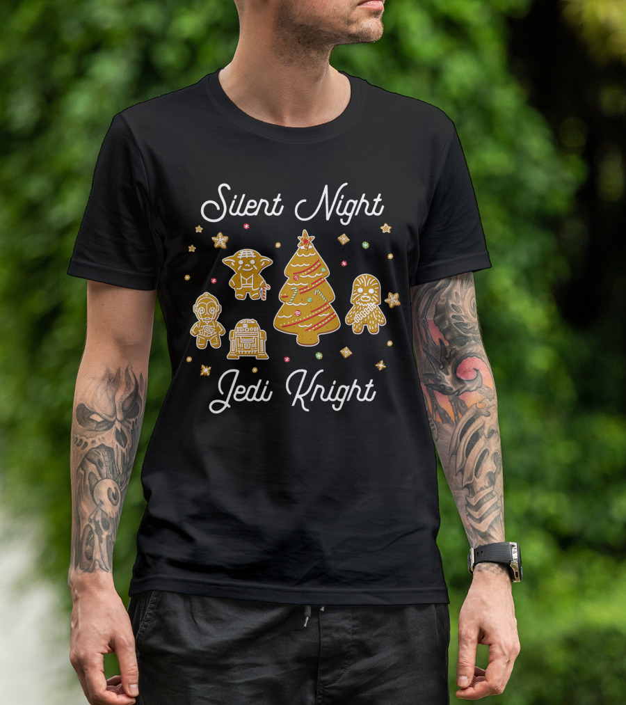 Silent Night Jedi Knight Star Wars Christmas Gingerbread Yoda Chewbacca C-3PO R2-D2 Tree T-Shirt