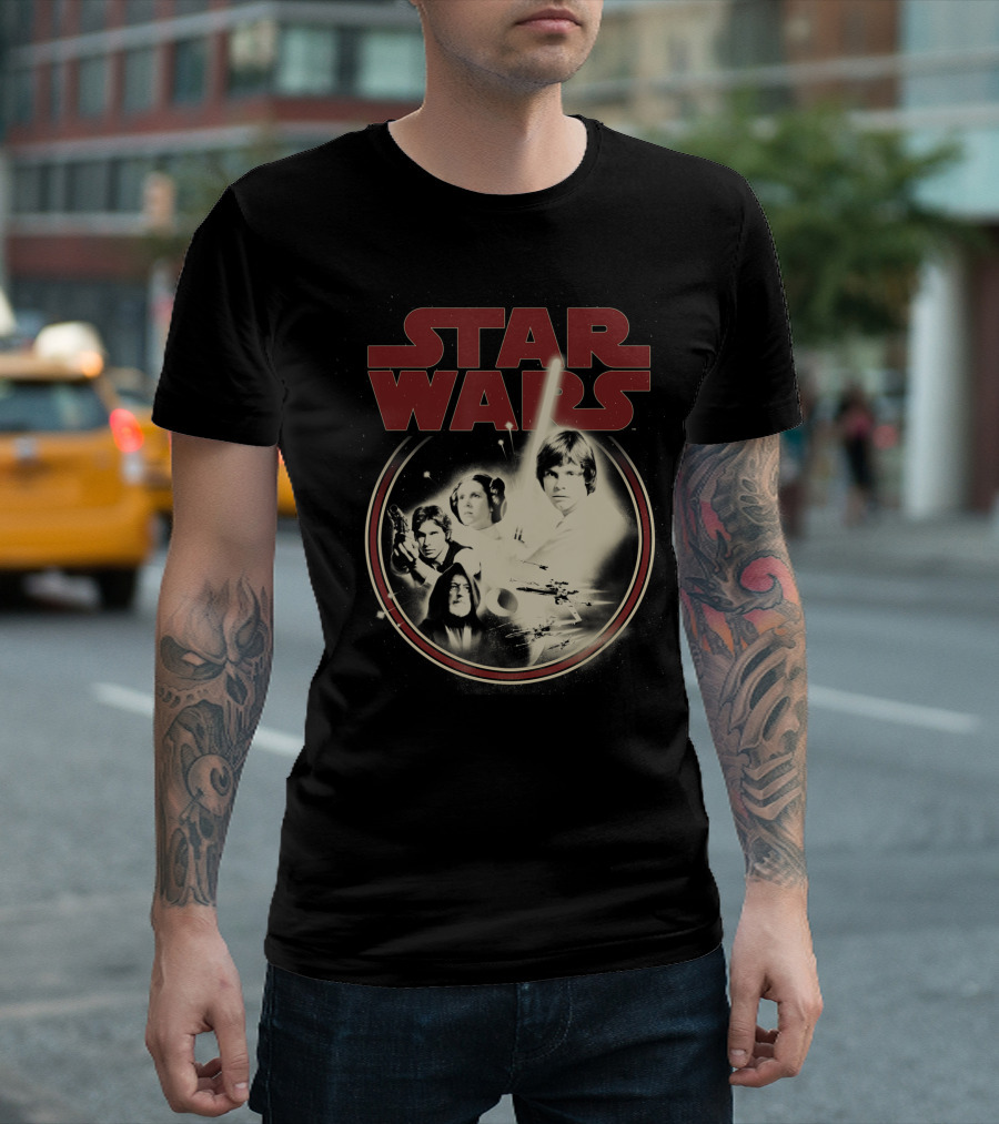 Star Wars A New Hope Heroes with Iconic Badge Design Featuring Luke Skywalker Leia Han Solo and Obi-Wan Kenobi T-Shirt