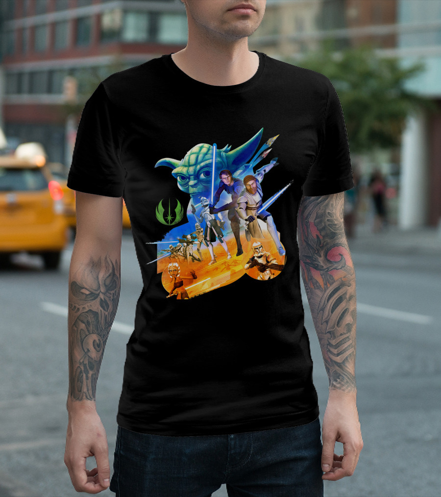 Clone Wars Jedi and Clone Troopers Battle Scene T-Shirt