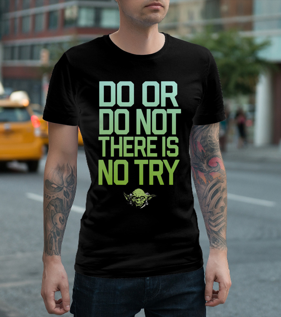 Star Wars Yoda Do Or Do Not There Is No Try Green Text with Yoda Head T-Shirt