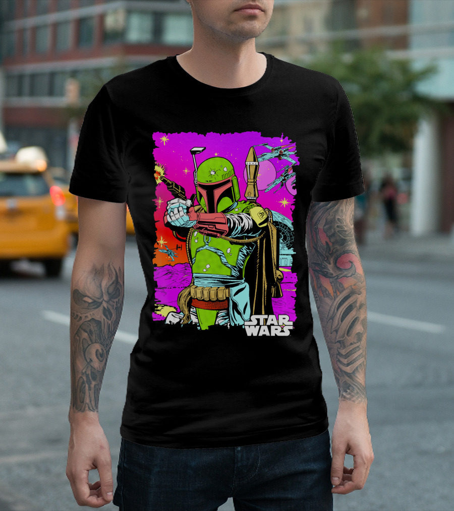 Star Wars Boba Fett Neon Comic Cutout Spaceships And Planets T-Shirt