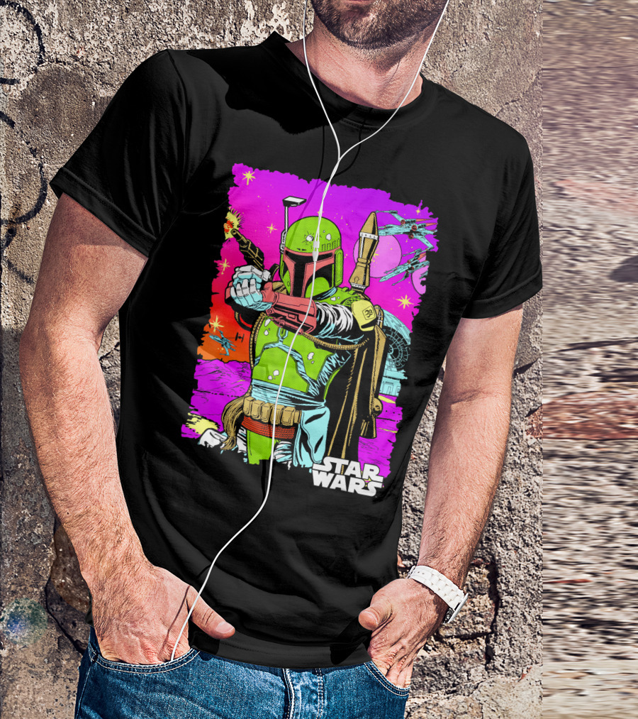 Star Wars Boba Fett Neon Comic Cutout Spaceships And Planets T-Shirt