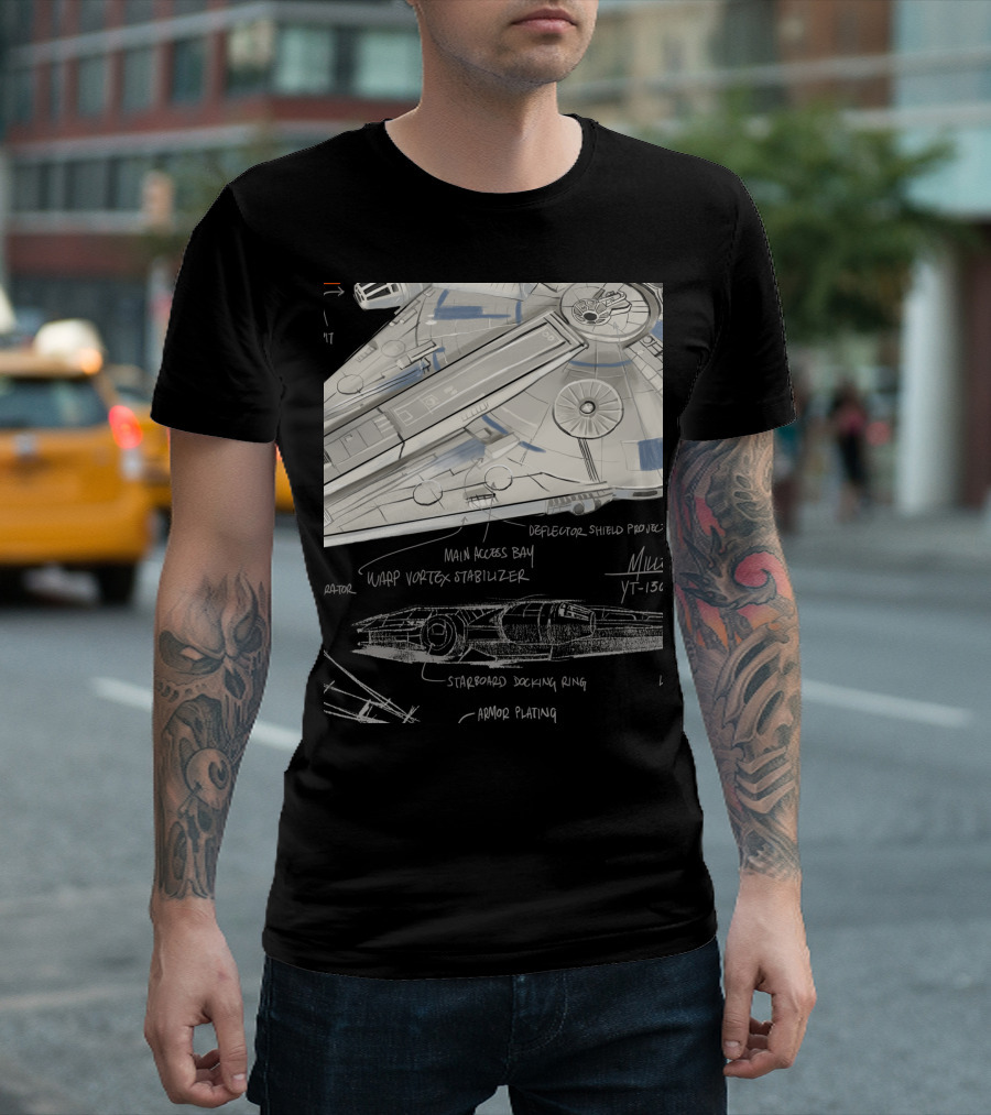 Star Wars Millennium Falcon YT-1300 Schematics Han Solo Main Access Bay Warp Vortex Stabilizer T-Shirt