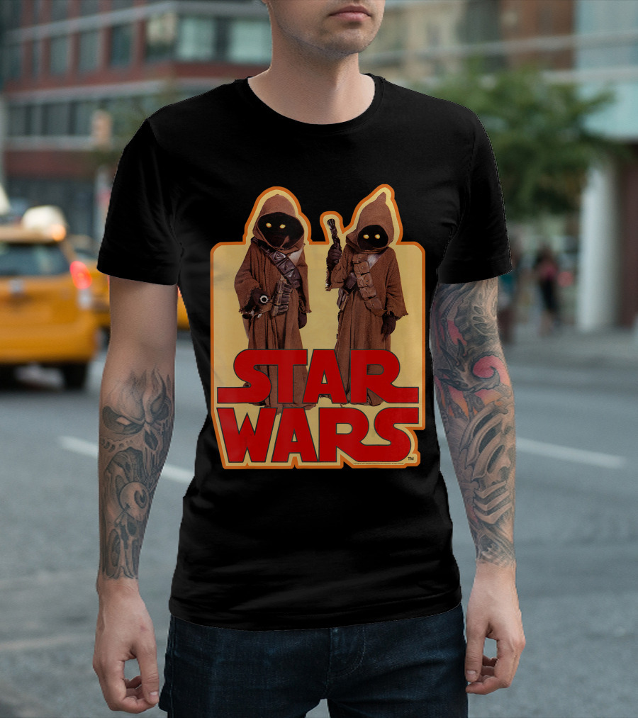 Star Wars Jawas Posing Iconic Brown Robes With Yellow Eyes T-Shirt