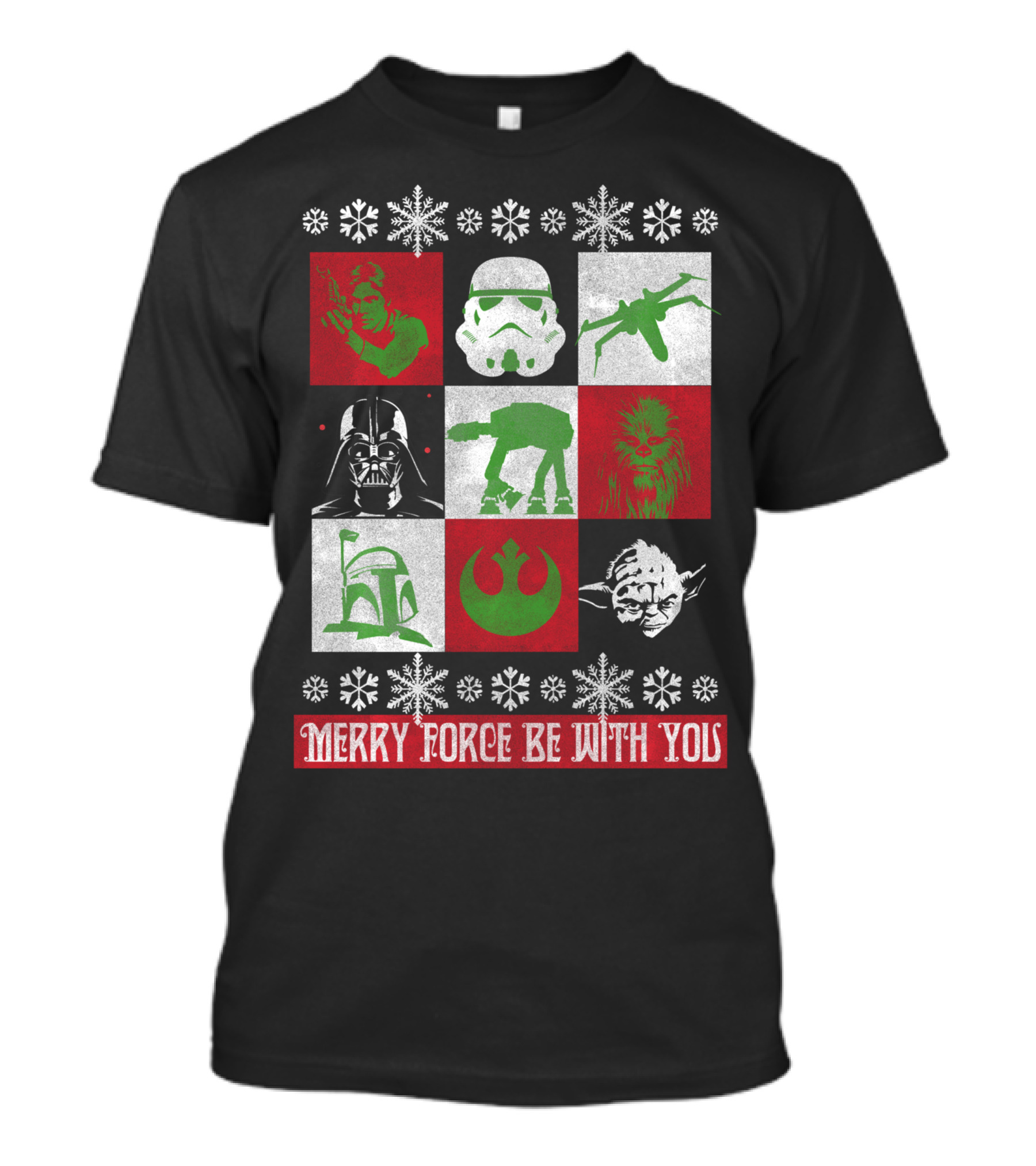 Merry Force Be With You Star Wars Christmas Yoda Vader Chewbacca Stormtrooper Snowflakes T-Shirt