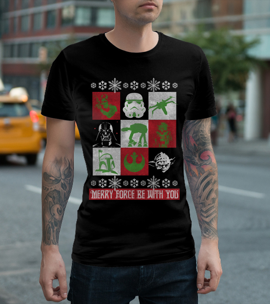 Merry Force Be With You Star Wars Christmas Yoda Vader Chewbacca Stormtrooper Snowflakes T-Shirt