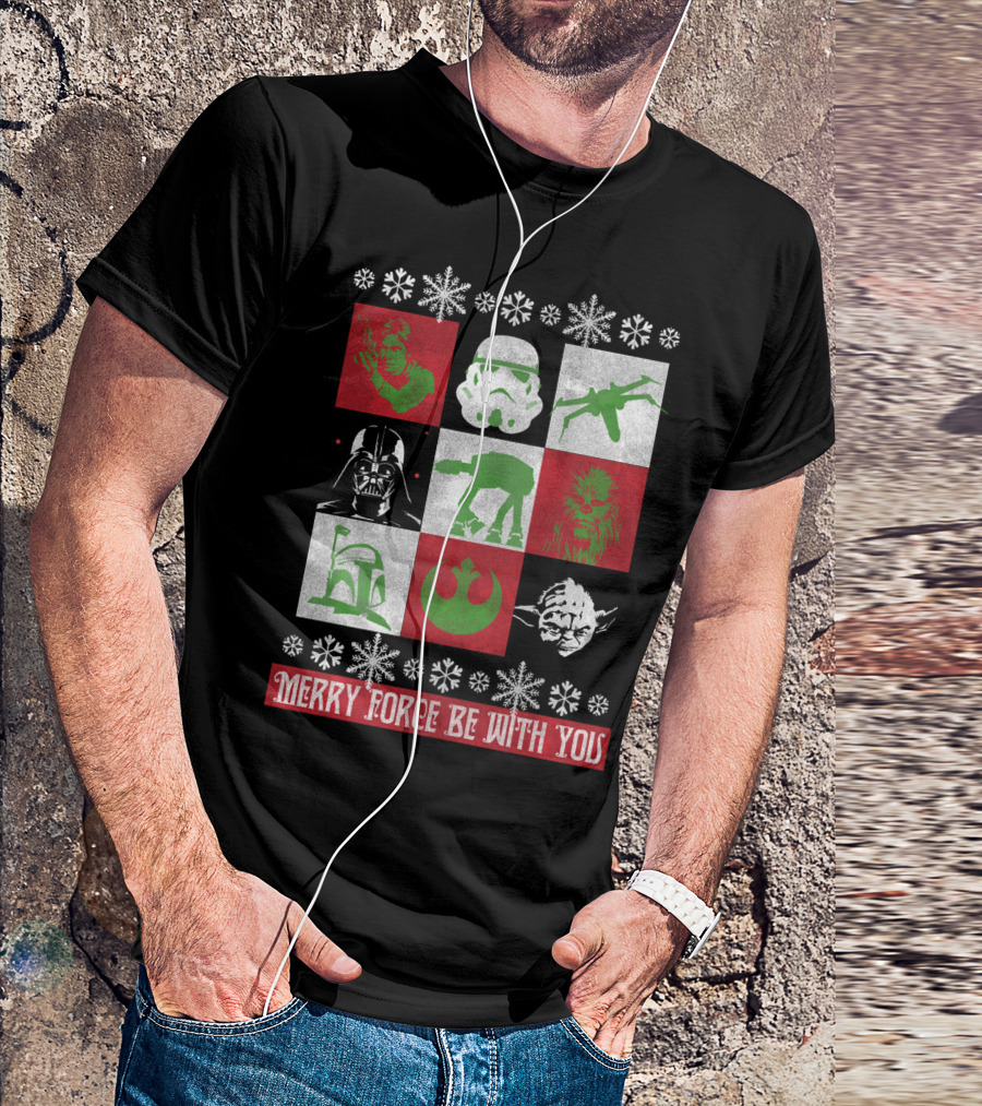 Merry Force Be With You Star Wars Christmas Yoda Vader Chewbacca Stormtrooper Snowflakes T-Shirt