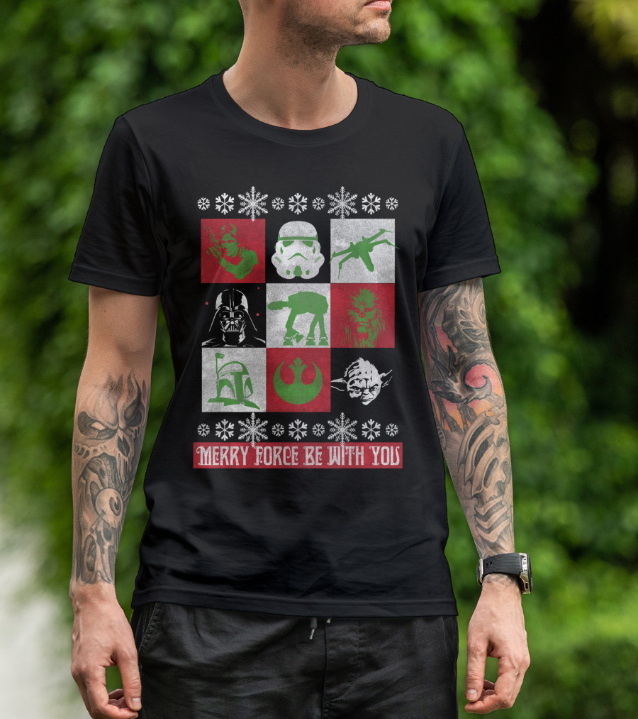 Merry Force Be With You Star Wars Christmas Yoda Vader Chewbacca Stormtrooper Snowflakes T-Shirt