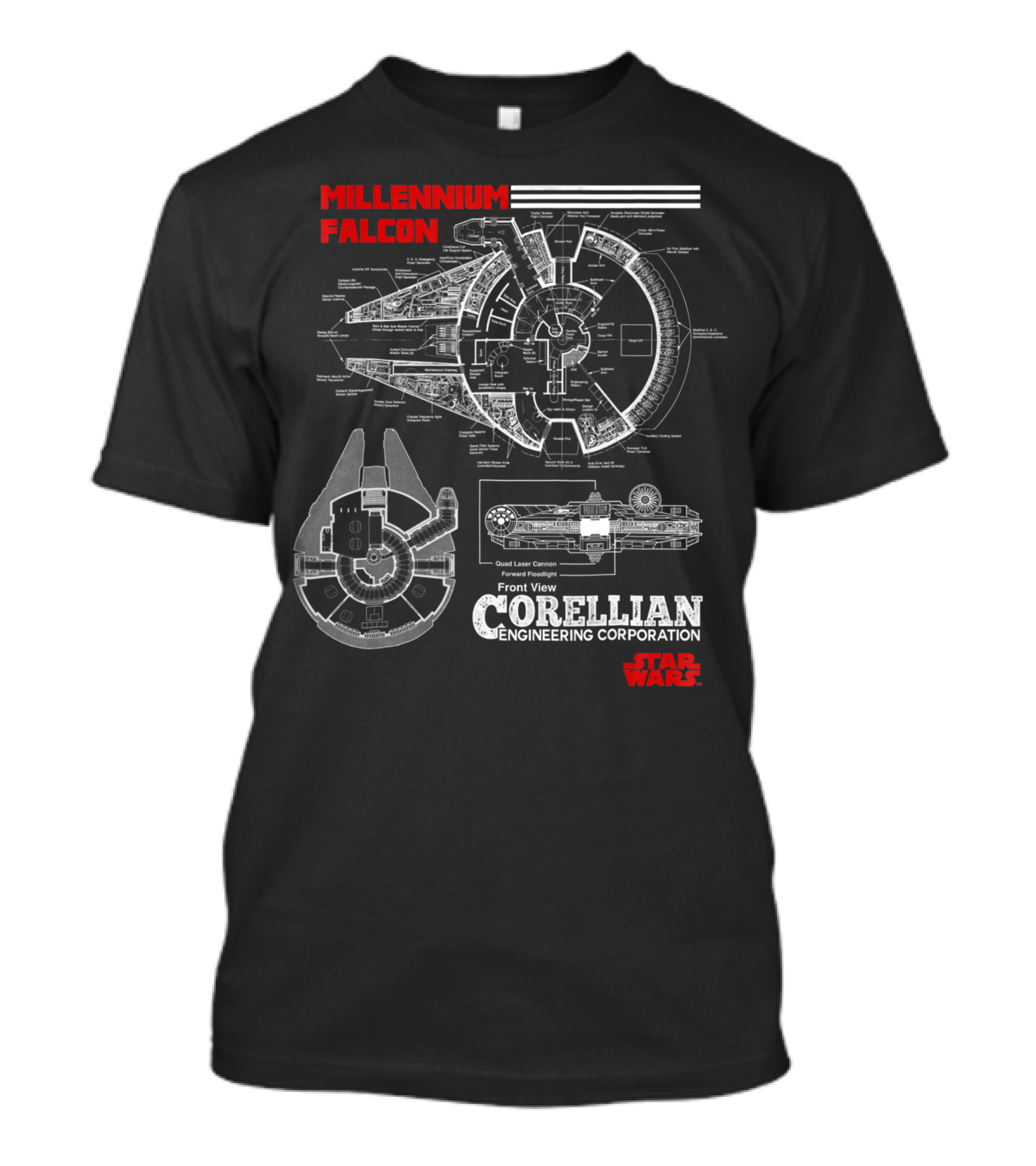 Millennium Falcon Corellian Engineering Corporation Blueprint Front View Star Wars T-Shirt