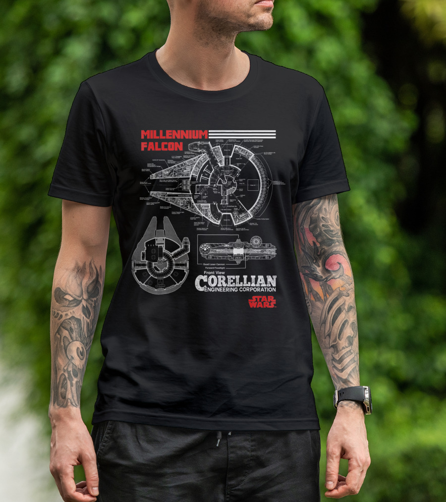 Millennium Falcon Corellian Engineering Corporation Blueprint Front View Star Wars T-Shirt