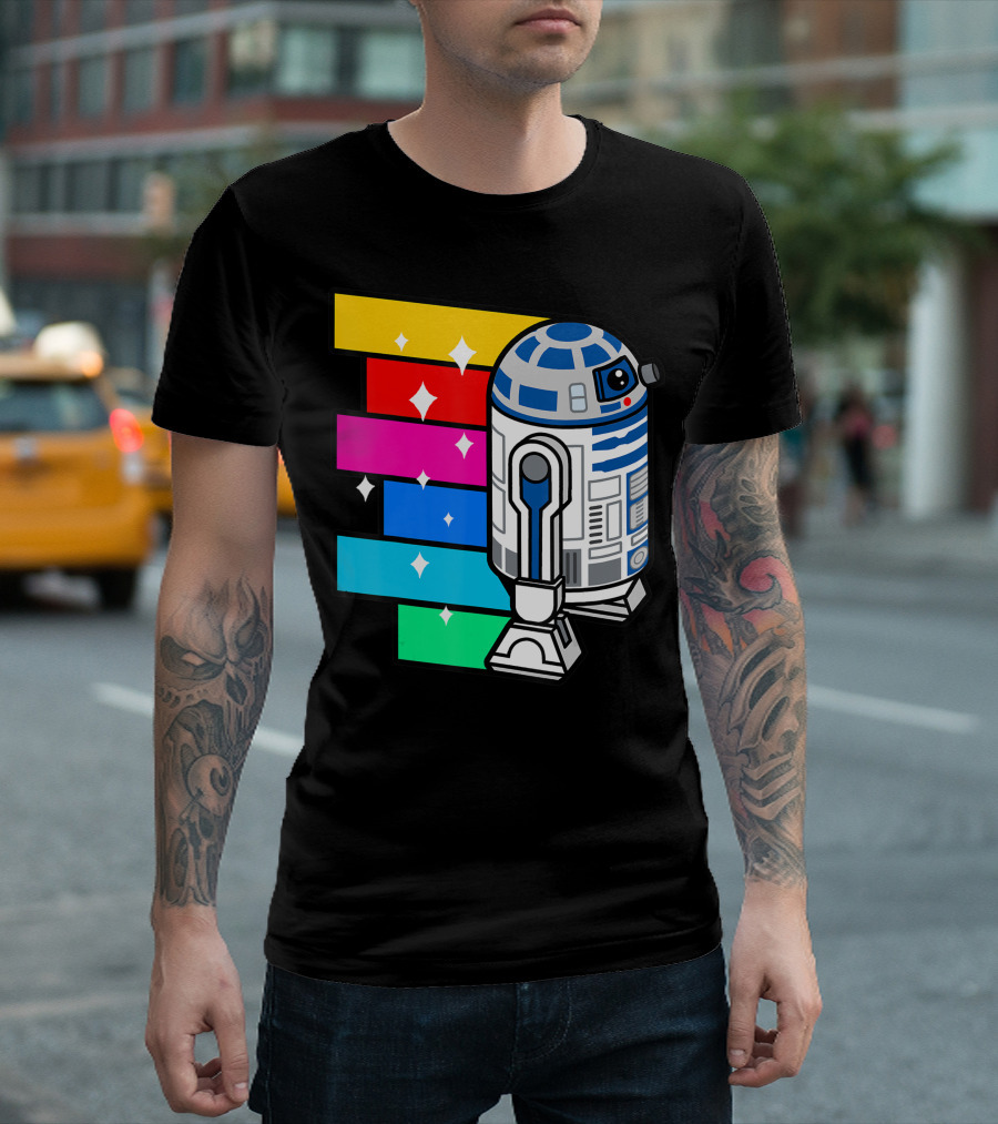 Star Wars R2 D2 Rainbow Roll with Colorful Sparkling Panels T-Shirt