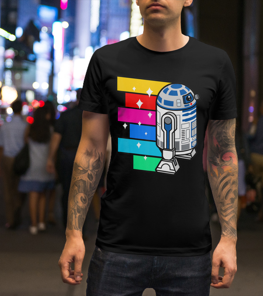 Star Wars R2 D2 Rainbow Roll With Colorful Sparkling Panels T-Shirt