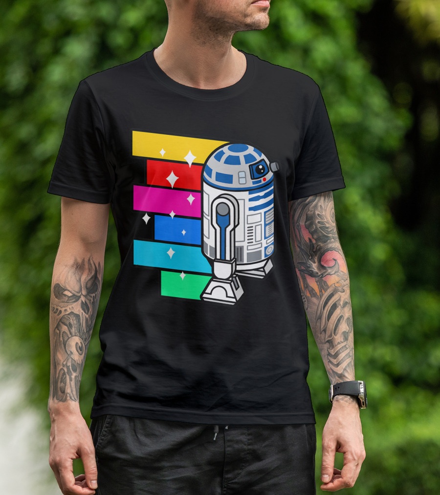 Star Wars R2 D2 Rainbow Roll With Colorful Sparkling Panels T-Shirt