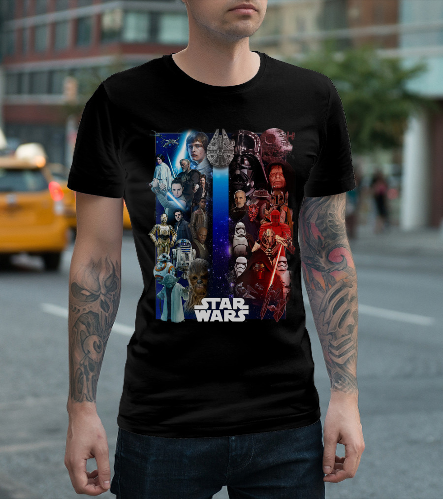 Star Wars Rebellion and Imperial Characters Collage Featuring Iconic Ship Battle Scenes T-Shirt