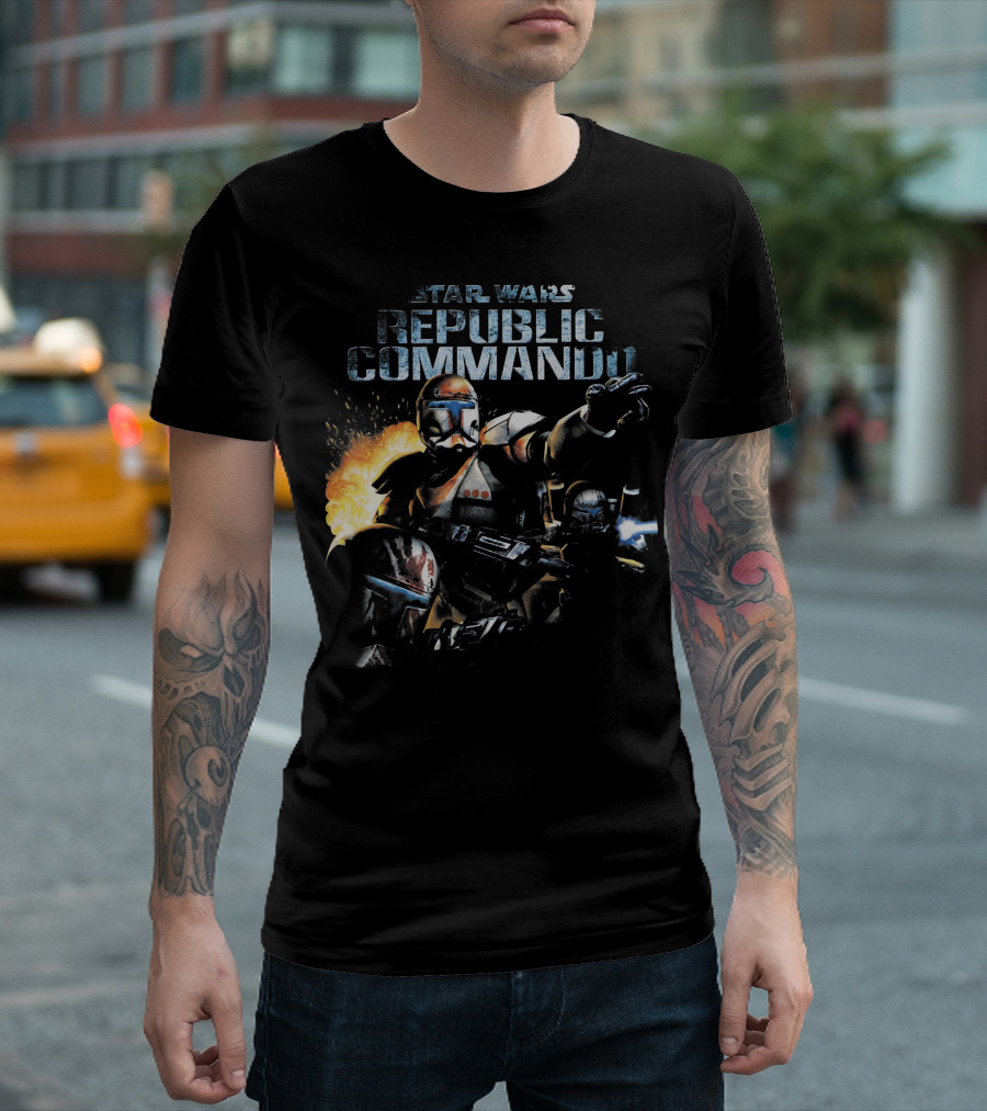 Star Wars Republic Commando Video Game Action Scene With Armored Soldiers And Explosions T-Shirt