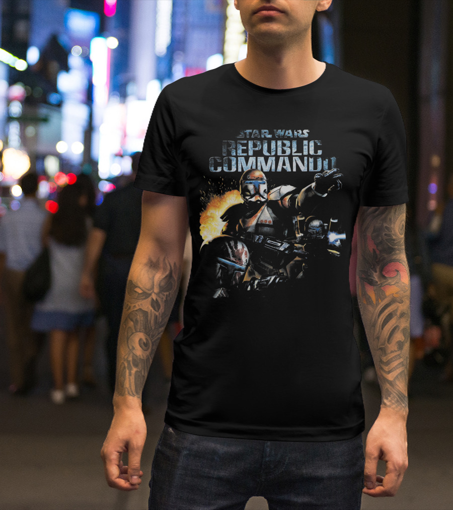 Star Wars Republic Commando Video Game Action Scene With Armored Soldiers And Explosions T-Shirt