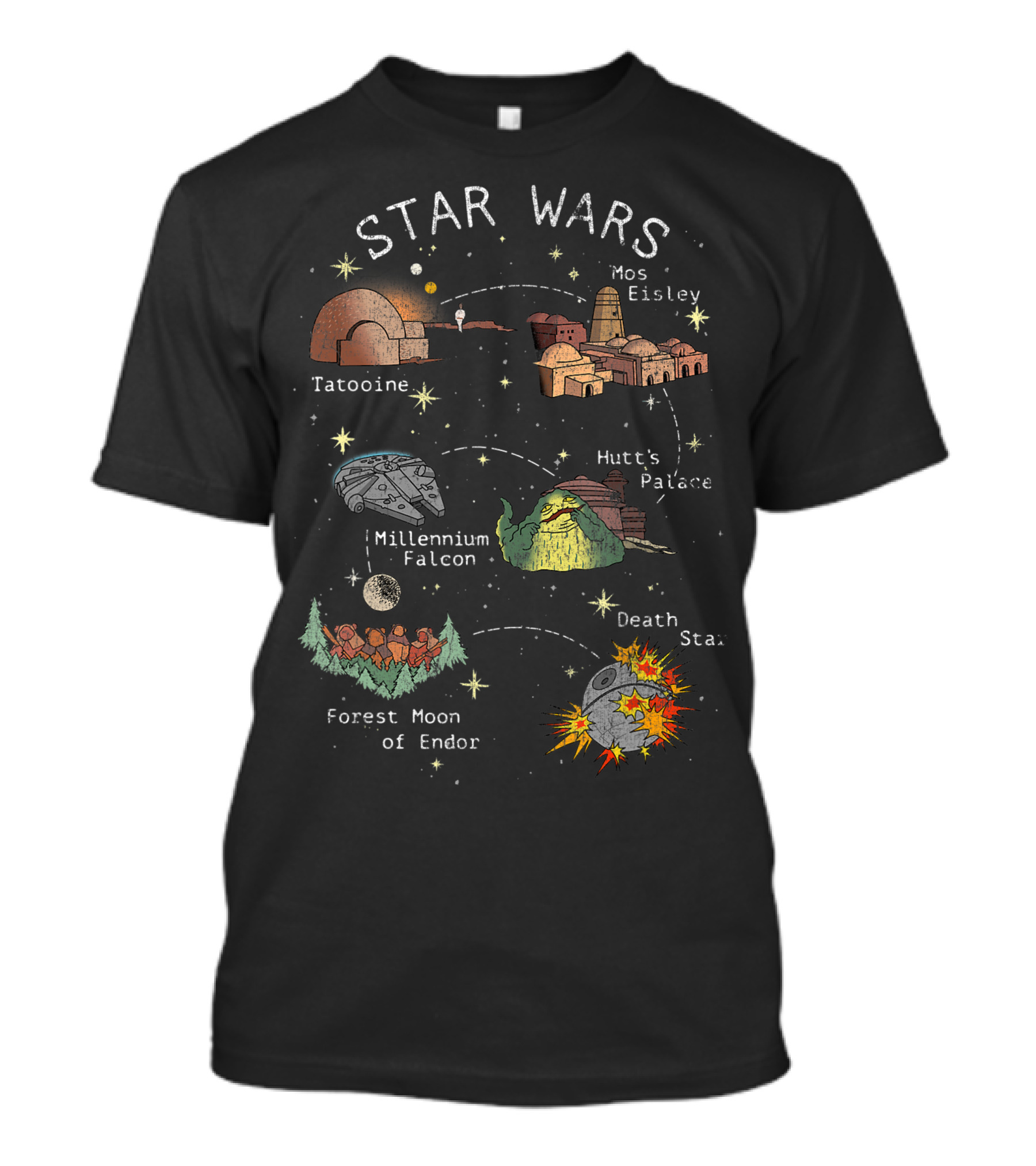 Star Wars Tatooine Mos Eisley Millennium Falcon Hutt's Palace Forest Moon Of Endor Death Star T-Shirt