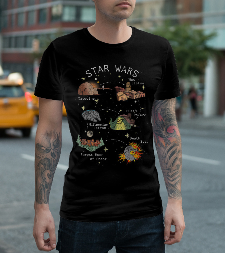 Star Wars Tatooine Mos Eisley Millennium Falcon Hutt's Palace Forest Moon Of Endor Death Star T-Shirt