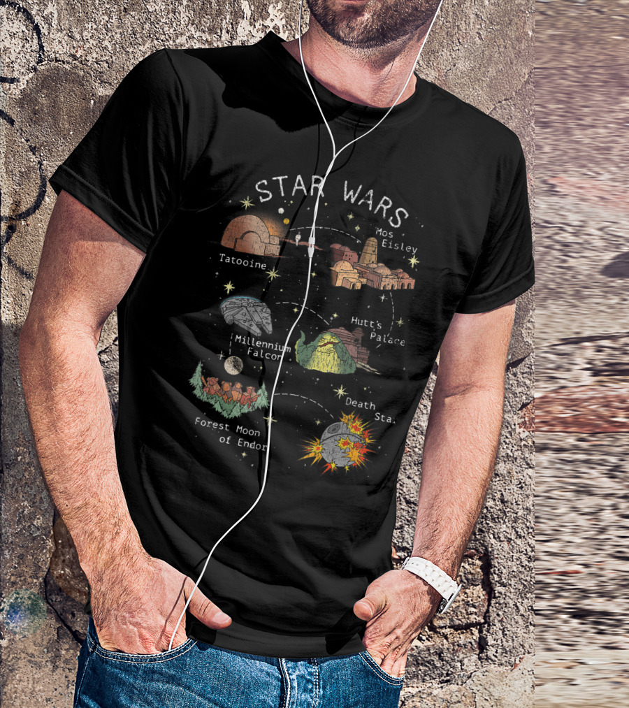 Star Wars Tatooine Mos Eisley Millennium Falcon Hutt's Palace Forest Moon Of Endor Death Star T-Shirt