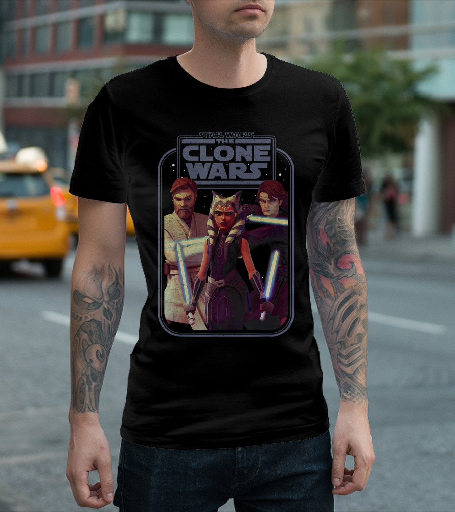 Star Wars The Clone Wars Obi-Wan Ahsoka Anakin Lightsaber Group Shot T-Shirt