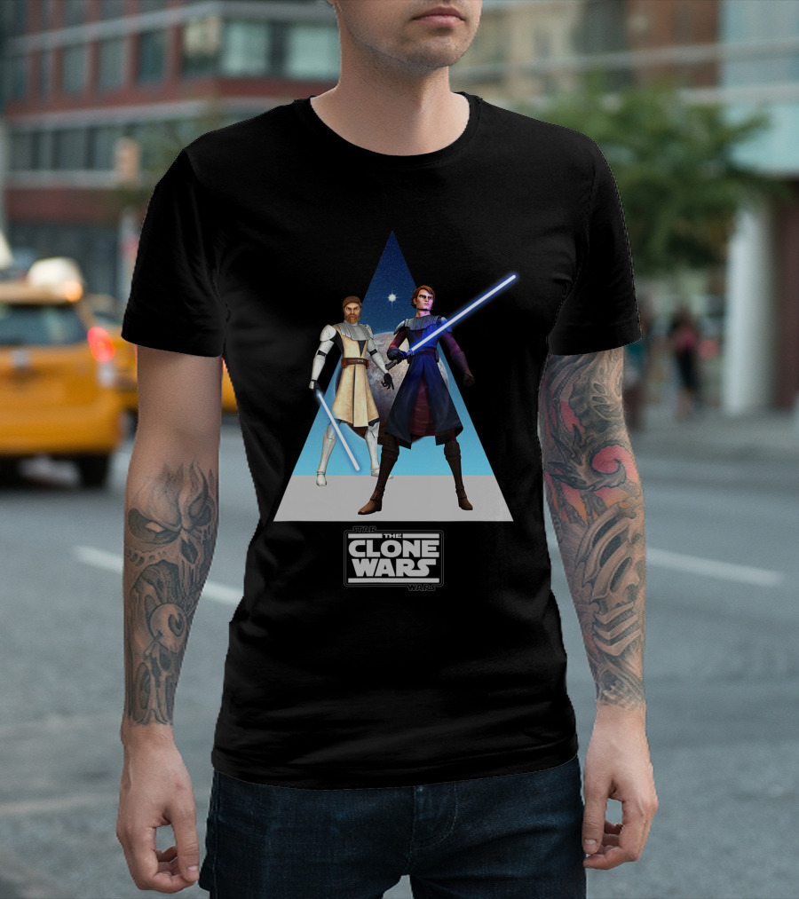 Star Wars The Clone Wars Obi Wan And Anakin Lightsabers Triangle T-Shirt