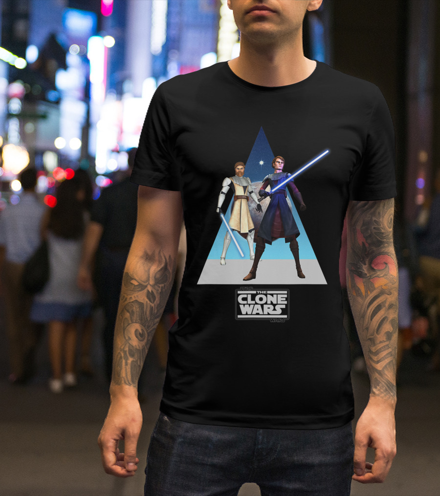 Star Wars The Clone Wars Obi Wan And Anakin Lightsabers Triangle T-Shirt