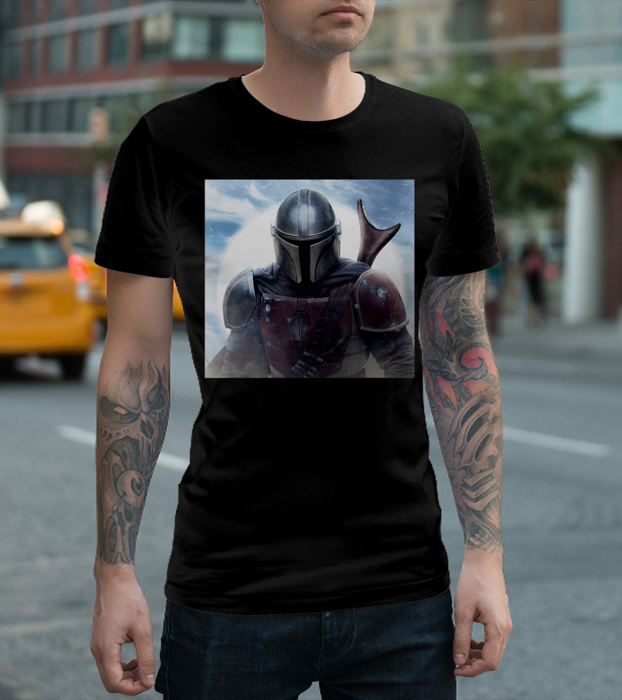 Star Wars The Mandalorian Lone Gunfighter Helmet Sky Background T-Shirt
