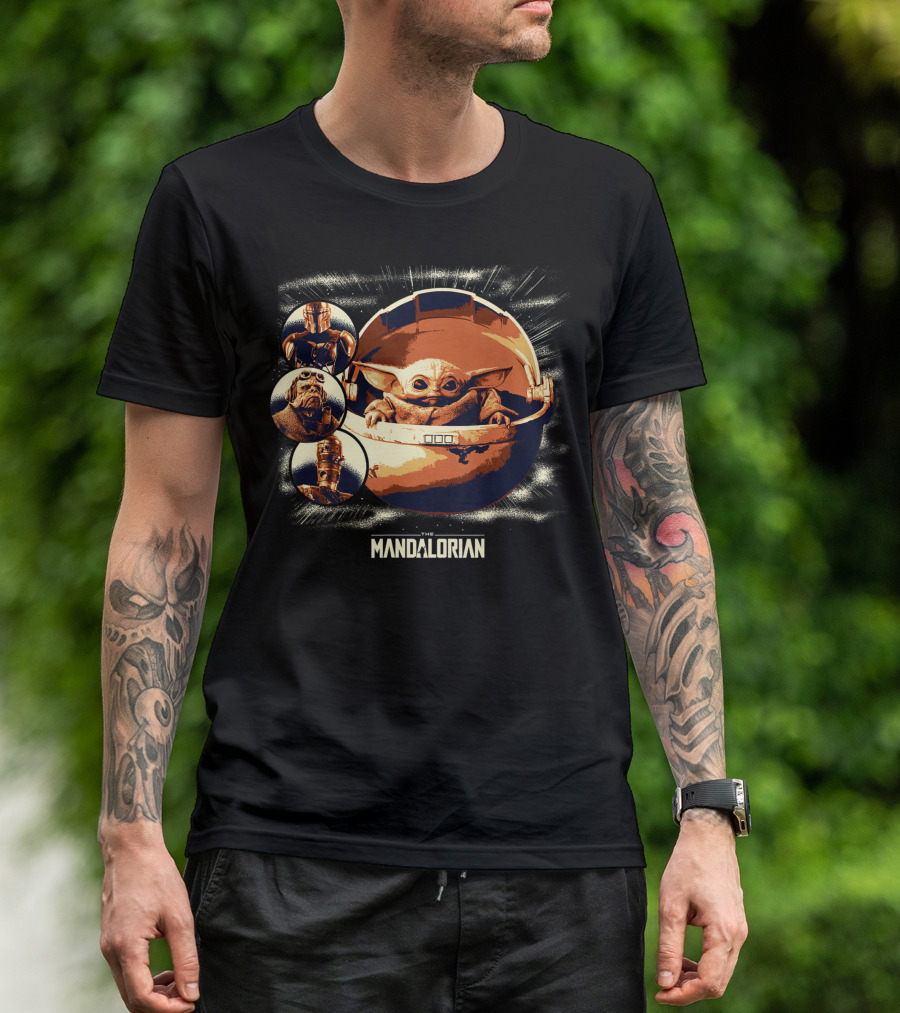 The Mandalorian The Child Character Montage With Droid And Alien Helmets T-Shirt