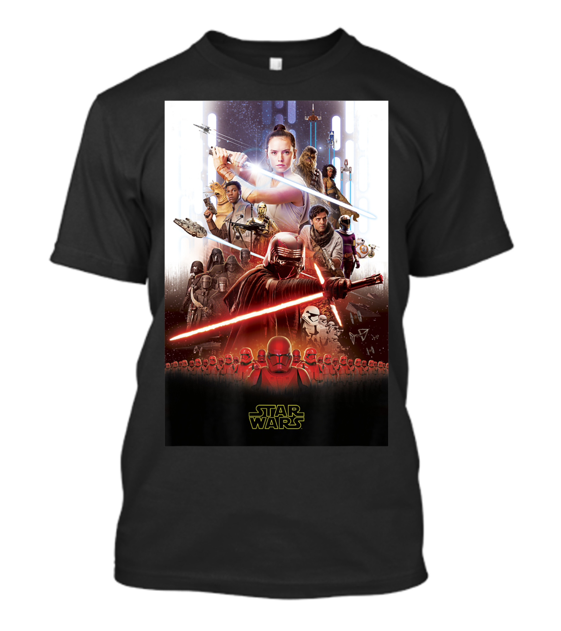Star Wars The Rise Of Skywalker Movie Poster Characters Lightsabers Starships Battle Scene T-Shirt