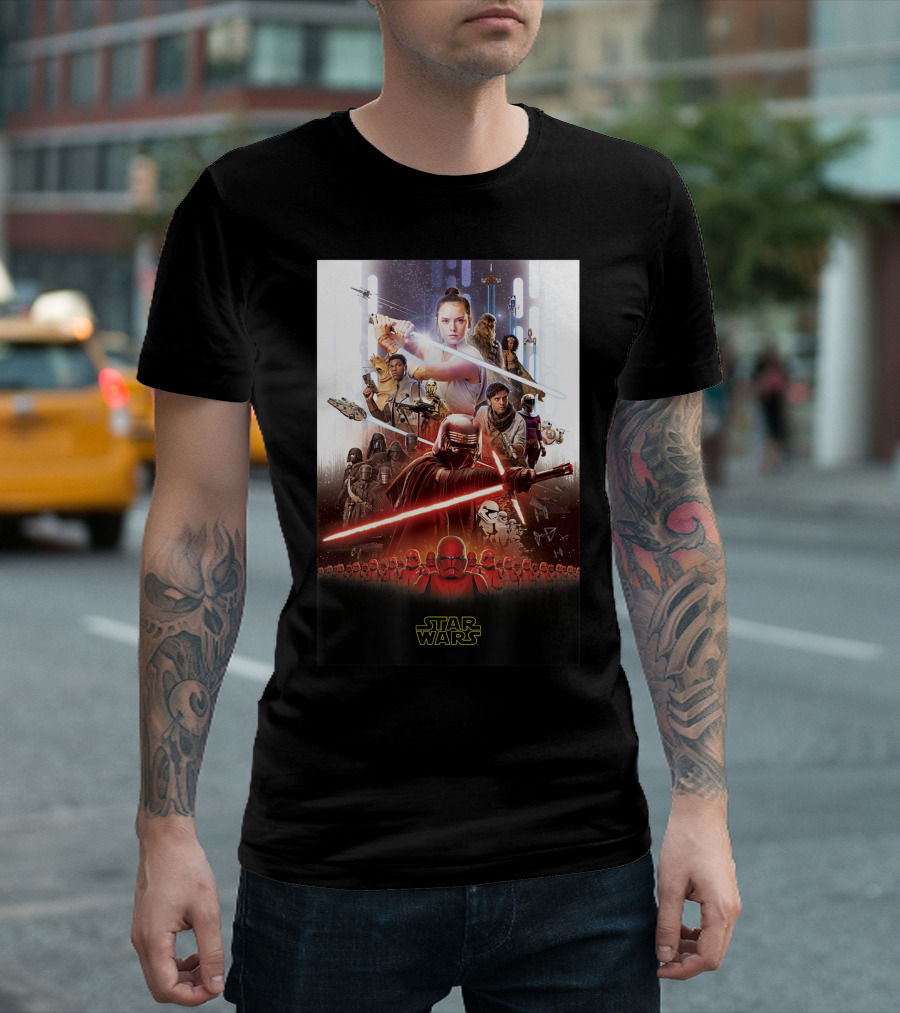 Star Wars The Rise Of Skywalker Movie Poster Characters Lightsabers Starships Battle Scene T-Shirt
