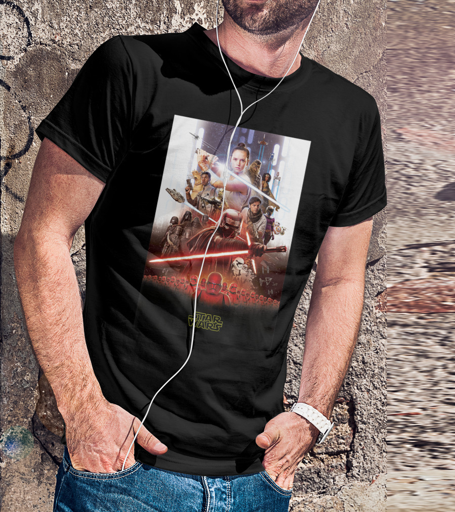 Star Wars The Rise Of Skywalker Movie Poster Characters Lightsabers Starships Battle Scene T-Shirt