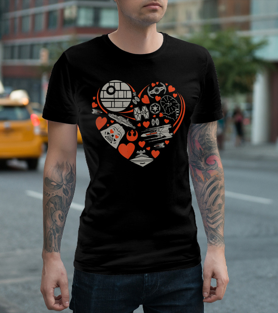 Heart-Shaped Star Wars Valentine's Day Icons with Galaxy Elements T-Shirt