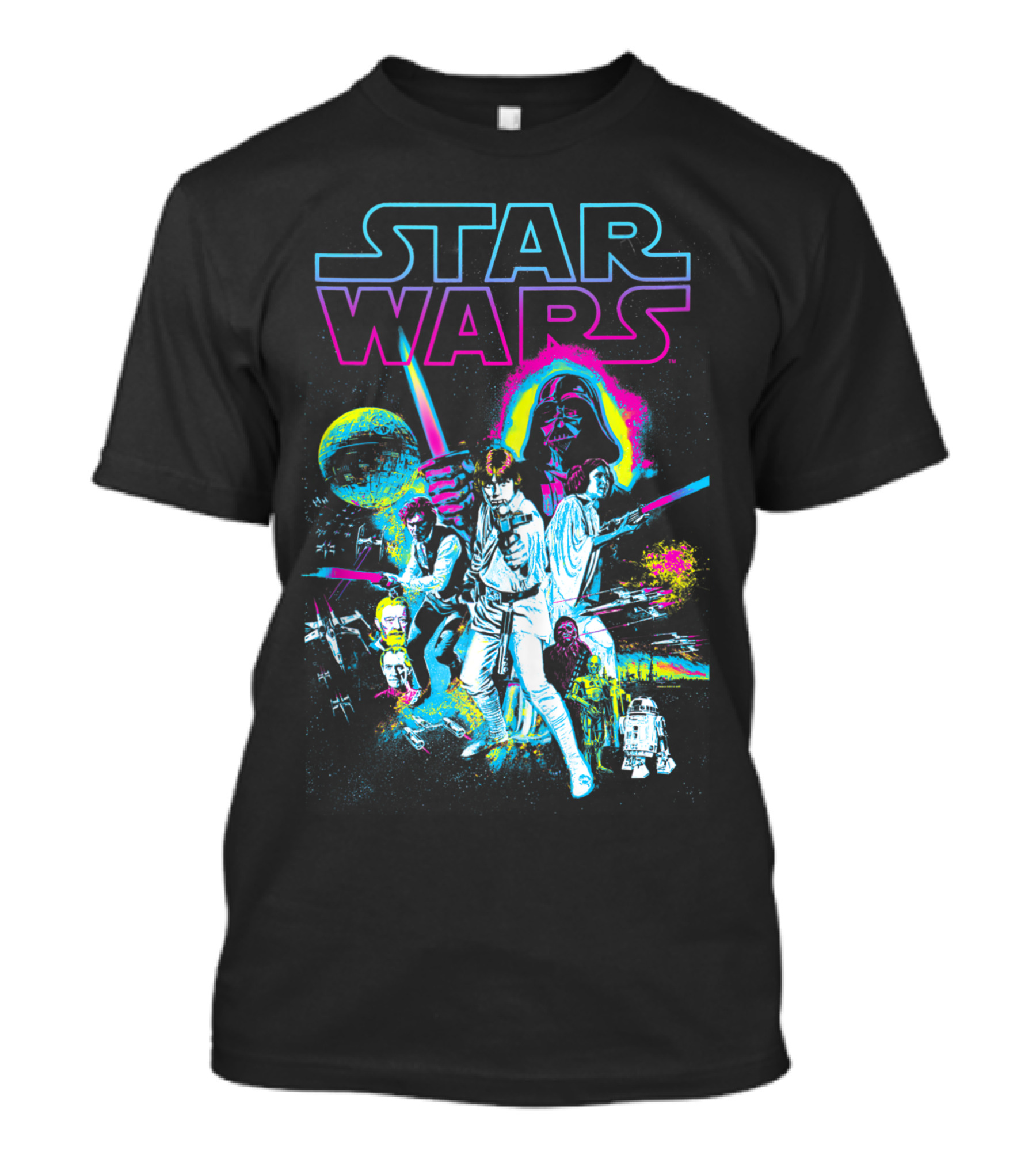 Star Wars Vintage Neon Splatter Darth Vader Characters And Spaceships T-Shirt