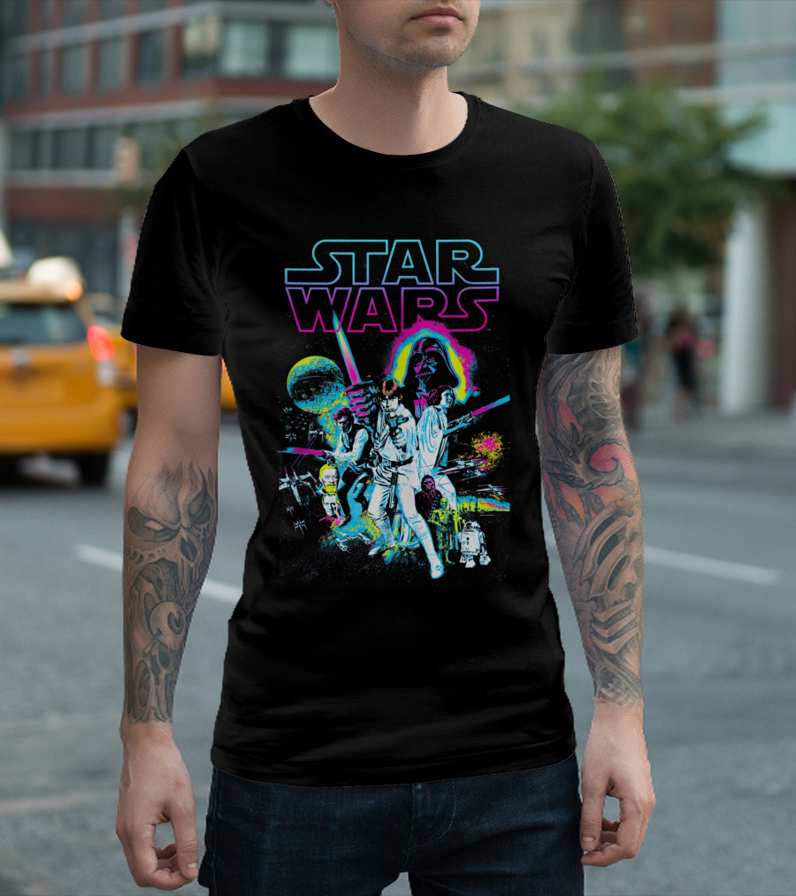 Star Wars Vintage Neon Splatter Darth Vader Characters And Spaceships T-Shirt