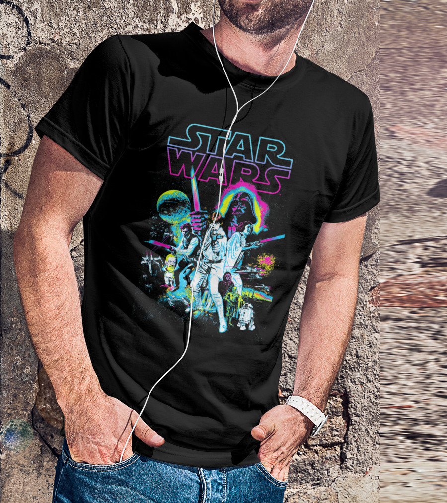 Star Wars Vintage Neon Splatter Darth Vader Characters And Spaceships T-Shirt
