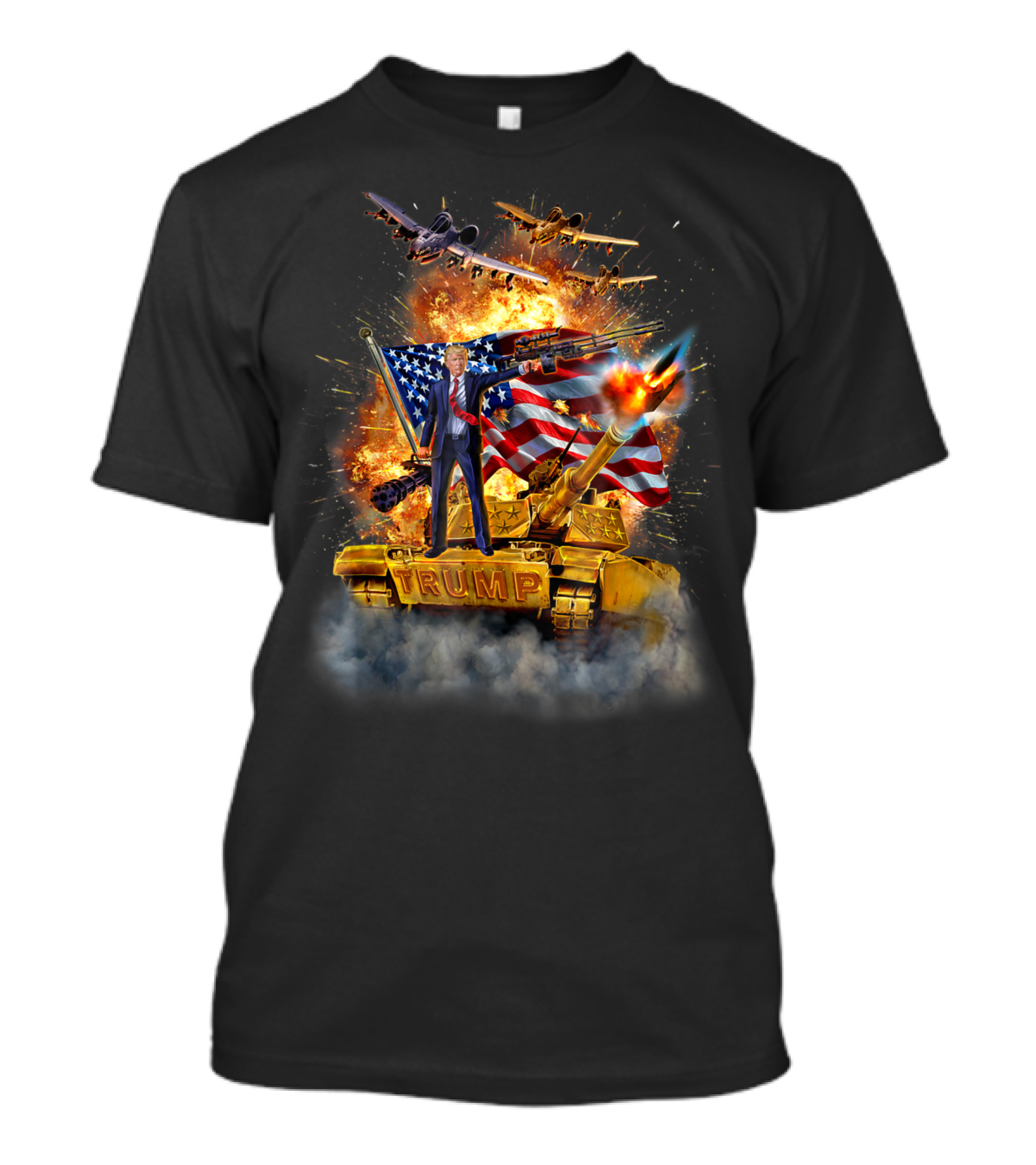Donald Trump Tank Battle With American Flag And Fighter Jets Explosion T-Shirt