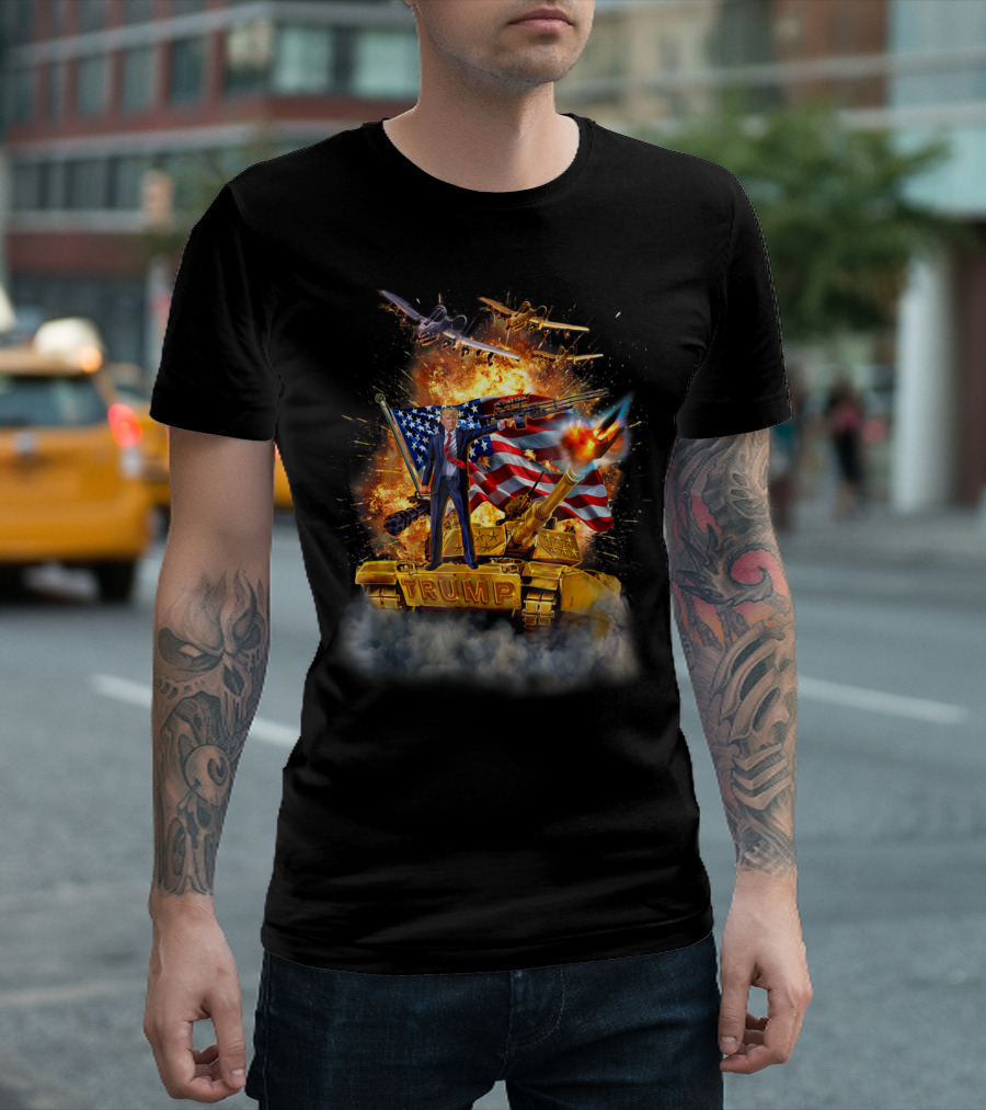 Donald Trump Tank Battle With American Flag And Fighter Jets Explosion T-Shirt