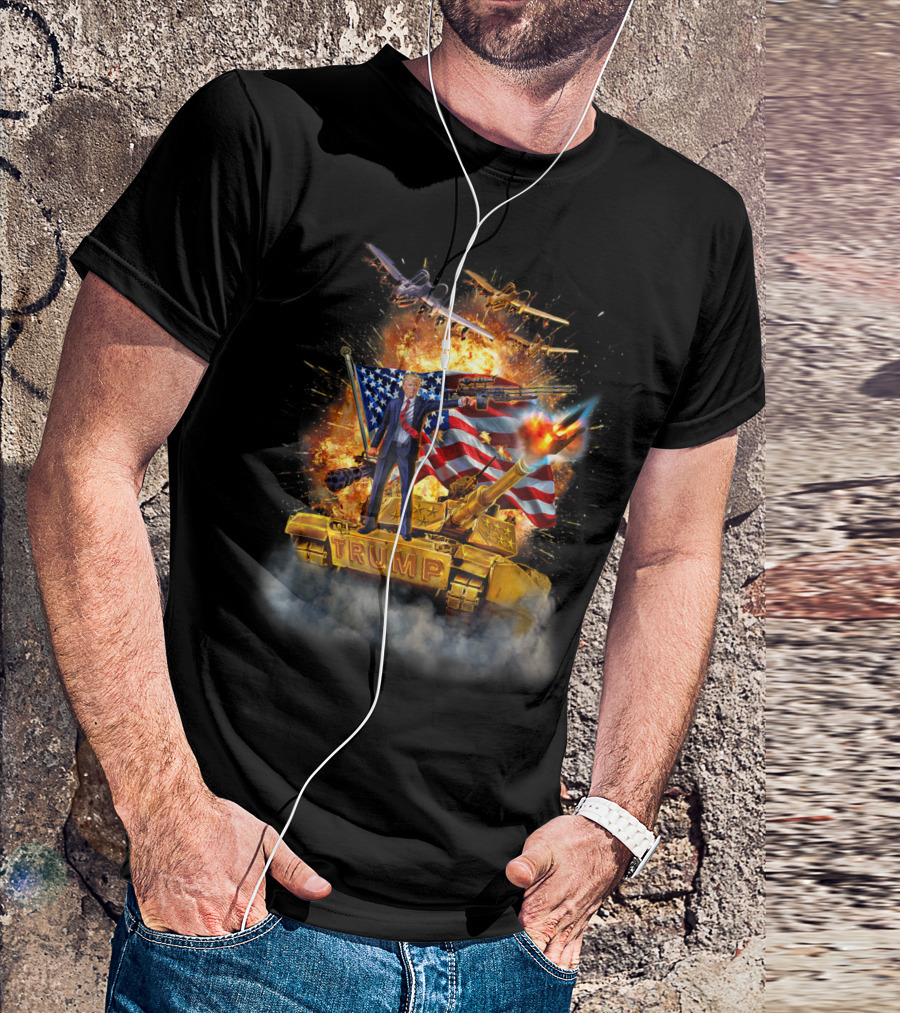 Donald Trump Tank Battle With American Flag And Fighter Jets Explosion T-Shirt