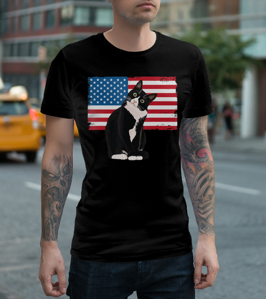 Tuxedo Cat 4th Of July Patriotic Adults Kids American Flag T-Shirt